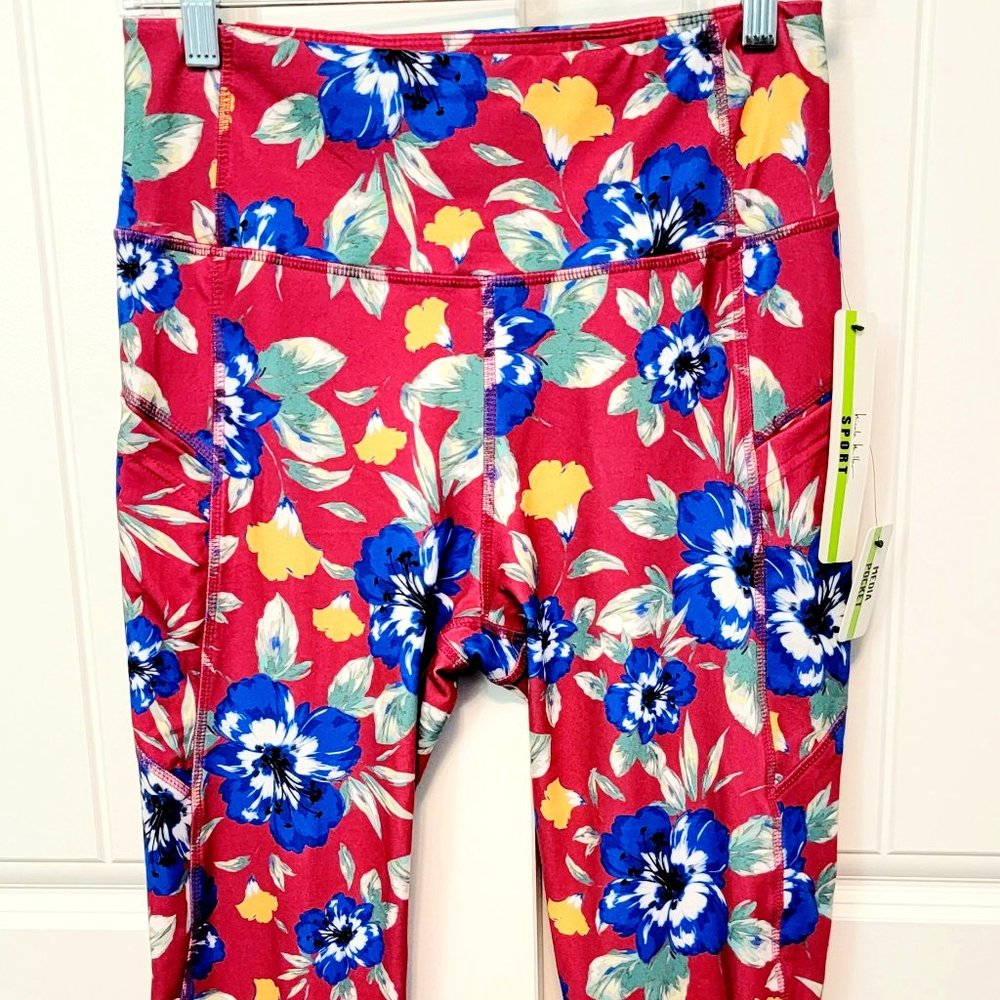 Nicole Miller Sport Women's Large High Waisted Leggings Pockets Pink Floral NWT